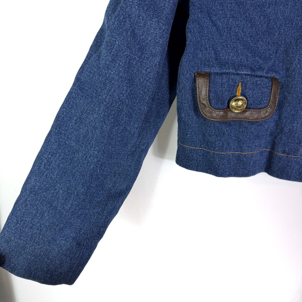 SANDRO Denim Jacket Leather Collar Cropped Button Front Blue Sz 40 FR / 8 US - Picture 11 of 16